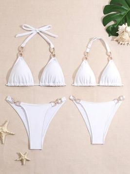 Teen Girl Solid Color Pearl & Diamond Metal Accessories 2-Pcs Bikini & Mommy And Me Matching Outfits (2 Sets Sold Separately) offers at $21.99 in SheIn