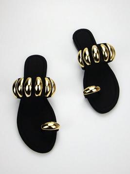 Women Fashionable Black Lycra Fabric Comfortable Flat Sandals With Gold Hardware Buckle Decoration And Round Toe Clip Toe For Daily Wear offers at $39 in SheIn