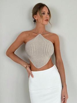 SHEIN Privé Women Summer Backless Strappy Crop Top With Asymmetrical Hem And Neck Hanging, Elegant Belly Out Vest offers at $8.49 in SheIn