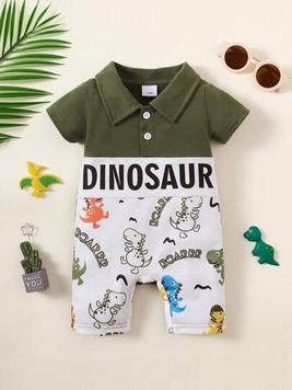 Cute Dinosaur Printed Short Sleeve Romper, Half-Open Collar Short Sleeve Romper, Infant Crawling Suit, Casual And Comfortable Cute offers at $9.49 in SheIn