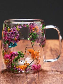 Double Layered Glass Mug With Real Flowers And Sand, High-Value Creative Coffee Cup With Handle For Home Use offers at $9.3 in SheIn