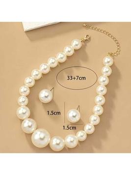 Women's Fashionable Choker With Large Pearl Pendant, Versatile Multilayer Beaded Necklace And Earrings Set offers at $3.2 in SheIn