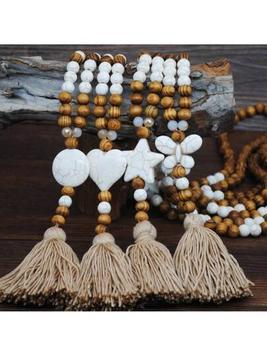 1pc Bohemian Style Wooden Bead Star & Heart Shape Tassel Long Necklace, Suitable For Women Daily And Beach Vacation Wear offers at $6.4 in SheIn