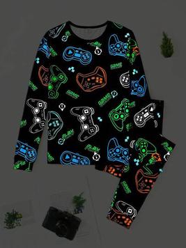 Teen Boy Snug Fit Night Glow Game Console Pattern Home Wear Set offers at $7.92 in SheIn