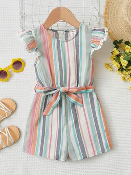 SHEIN Toddler Girls Striped Print Ruffle Trim Belted Romper offers at $7 in SheIn