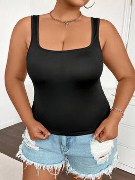 SHEIN Essnce Plus Size Solid Color Square Neck Tank Top For Summer offers at $4 in SheIn