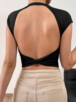 SHEIN PETITE Solid Twist Backless White Top Crop Black Tee offers at $8.99 in SheIn