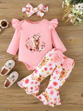 Baby Girls' Simple And Cute Round Neck Flared Sleeve Printed Long Sleeve Romper With Flowers And Animals Print Flared Pants, Butterfly Knot Headband, Spring/autumn offers at $12 in SheIn