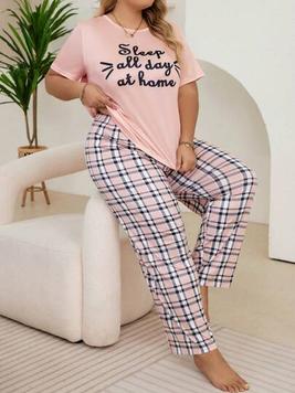 Women'S Plus Size Letter & Plaid Print Pajama Set offers at $7 in SheIn