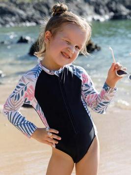 Young Girl Tropical Print Patchwork Long Sleeve One-Piece Swimwear With Front Zipper offers at $10 in SheIn