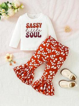 Baby Girl Letter Graphic Tee & Floral Print Flare Leg Pants offers at $9.89 in SheIn