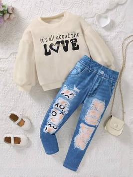 SHEIN Young Girl 2pcs/Set Casual Street Style Round Neck Drop Shoulder Letter Printed Sweatshirt & Skinny Jeans With Holes Fall Outfits offers at $14 in SheIn
