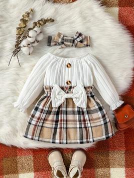 Baby Girl Plaid Print Bow Front Flounce Sleeve Dress & Headband offers at $6.43 in SheIn