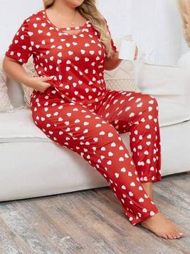 Plus Size Women's Heart Pattern Short Sleeve T-Shirt And Long Pants Pajama Set offers at $10 in SheIn
