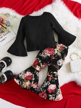 SHEIN Baby Girl Flounce Sleeve Tee & Floral Print Flare Leg Pants offers at $9 in SheIn