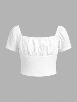 Tween Girls' Daily Casual Knitted Short Sleeve Top With Square Neck For Spring And Summer offers at $6 in SheIn