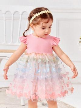 SHEIN Baby Girl Casual Sweet Knitted Stitching Colorful Three-dimensional Butterfly Mesh Dress offers at $15 in SheIn