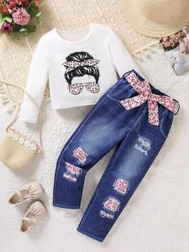 SHEIN Little Girls' Streetwear Round Neck Long Sleeve T-shirt With Figure Print And Straight Leg Jeans With Belt, Spring And Autumn offers at $7.6 in SheIn