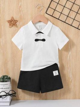 SHEIN Baby Boy's Casual White Button-Down Shirt And Elastic Waistband Letter Pattern Shorts Set offers at $11.39 in SheIn