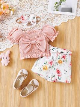 SHEIN Infant Girls' Summer Casual Bowknot Crop Top, Flower Pattern Shorts And Headband Set offers at $12.89 in SheIn