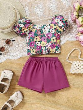 SHEIN Baby Girl Vacation Bubble Short Sleeve Floral Top And Elastic Waist Solid Color Shorts Set offers at $9 in SheIn