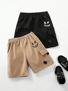 2pcs/Set Young Boys' Casual And Cute Street Style Graffiti Spray Paint And Smile Face Patterned Shorts In Khaki, And Black, Suitable For Daily Wear, School Wear, Traveling, Sports, Spring And Summe... offers at $7.25 in SheIn