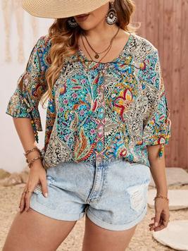 SHEIN VCAY Plus Paisley Print Frill Trim Blouse offers at $13 in SheIn