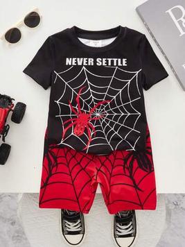 SHEIN Young Boys' Casual Spider Pattern Short Sleeve T-Shirt And Shorts Pajamas Set offers at $12.74 in SheIn
