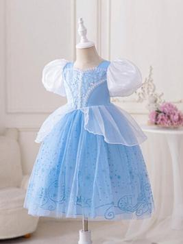 Young Girls' Color Block Mesh Bubble Sleeve Sequin Party Dress For Birthday Party, Wedding, Festival Performance offers at $22 in SheIn