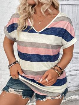 SHEIN LUNE Plus Size Women's Striped V-Neck Short Sleeve T-Shirt offers at $14.49 in SheIn