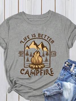 SHEIN Essnce Plus Size Stylish Bonfire Print Casual Short Sleeve T-Shirt offers at $13.99 in SheIn