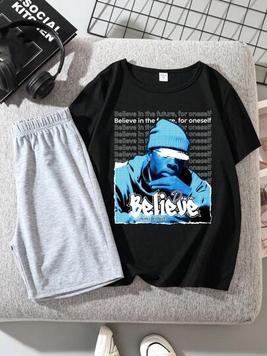 Tween Boys' Casual Minimalist Cartoon Portrait Print Round Neck Short Sleeve T-Shirt And Shorts Set, Suitable For Summer offers at $14.99 in SheIn