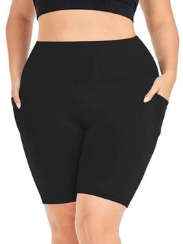 Plus Size Women High Waisted Elastic Leisure Pocketed Tight Five Shorts, Ideal For Daily Wear, Fitness, Yoga, Running, Gym And Cycling offers at $13.99 in SheIn