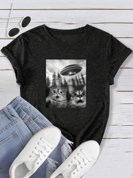 SHEIN Essnce Plus Size Fashionable Cat UFO Heat Transfer Print Casual Short Sleeve T-Shirt offers at $13.99 in SheIn