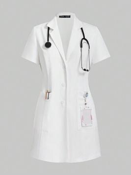 SHEIN Essnce Women Scrubs Medical Uniform Button Front Hospital Nurse Scrub Dress Lab Coat Clothe 2 Front Pockets+ One Inner Pocket offers at $29.49 in SheIn
