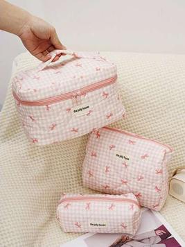 1set Cute Bowknot Print Multifunctional Cosmetic Organizer Handbag Wallet Pouch Portable Cosmetics Brush Storage Clutch With Zipper Closure For Lipstick, Brush, Skincare, Mobile Phone, Coin, Small ... offers at $6.1 in SheIn