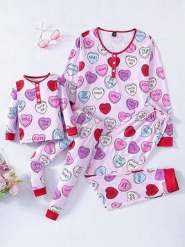 Young Girl Letter Heart Printed Long Sleeve Top And Pants Snug Fit Homewear Set offers at $5.94 in SheIn