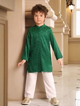 SHEIN Young Boy's Dark Green Jacquard Woven Shirt And White Pants Set offers at $16 in SheIn