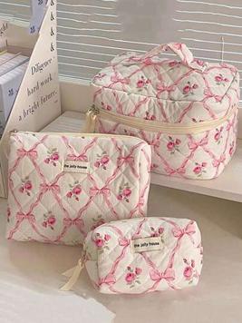 1Pc/Set Pink Bow Knot & Rose Design Quilting Cosmetic Bag, Fashionable Portable Makeup Bag, Multi-Functional Storage Bag For Lipstick, Sanitary Napkin, Coins, Keys Etc, Large Capacity Lovely Wash B... offers at $5.9 in SheIn