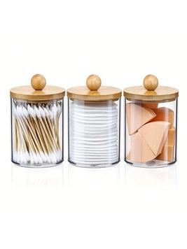 Clear Apothecary Qtip Storage Jar With Bamboo Lids, 1pc Vanity Makeup Organizer Storage Containers For Swab, Ball, Pads, Floss, Bathroom Accessories Set,Room,Home,Bedroom,Bathroom,House,Pink Room,L... offers at $3.6 in SheIn