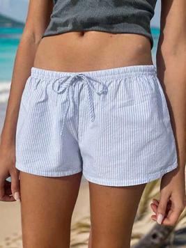 SHEIN EZwear Women's Striped Low-Rise Shorts For Summer Vacation Beach offers at $7.99 in SheIn