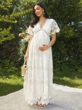 SHEIN Maternity Summer Casual Long Embroidered Mesh Dress In Solid Color offers at $52.99 in SheIn