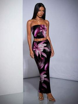 SHEIN BAE Women's Summer Floral Printed Crop Top And Knee-Length Pencil Skirt Slim Elegant 2pcs Set offers at $18.99 in SheIn
