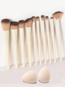 10pcs/Set Professional Cream White Makeup Brushes And 2pcs Water Drop Shaped Beauty Blenders, Suitable For Foundation, Blush, Eyebrow, Concealer, Mixing Liquid, Etc. Essential Brush Set For Beginne... offers at $4.7 in SheIn