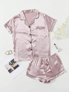 Contrast Binding Satin PJ Set offers at $10.52 in SheIn