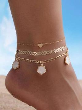 3pcs/Set Summer Beach Style Sweet Lucky Clover & Heart Shaped Pendant Anklet With Wheat Chain For Women offers at $2.7 in SheIn