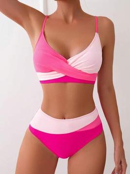 SHEIN Swim Summer Beach Color Block Wrap Bikini Set offers at $13.59 in SheIn