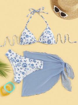 SHEIN Swim Mod Summer Beach Floral Print Triangle Bikini Swimsuit With Beach Skirt offers at $11.47 in SheIn