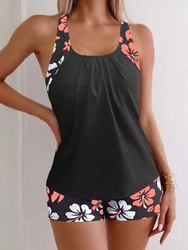 2pcs Flower Print Vest And Trunk Tankini Sports Set offers at $18.49 in SheIn