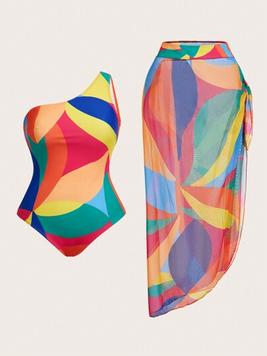 SHEIN Swim Oasis Plus Size Summer Beach One-Piece Swimsuit With Full Allover Print Asymmetrical Neckline, Paired With Knotted Asymmetrical Hem Skirt offers at $25.49 in SheIn